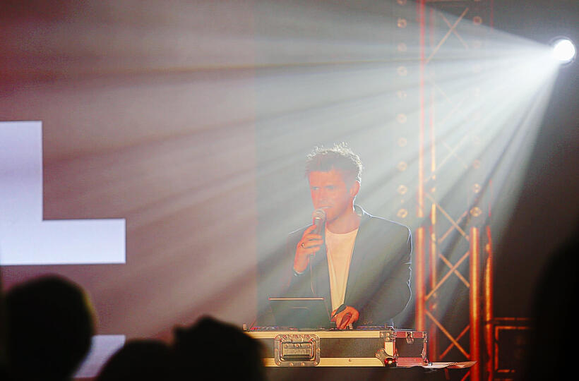 Carl Ward performing a live retro Eighties Explosion theme DJ set at Beau Sejour Leisure Centre in Guernsey.